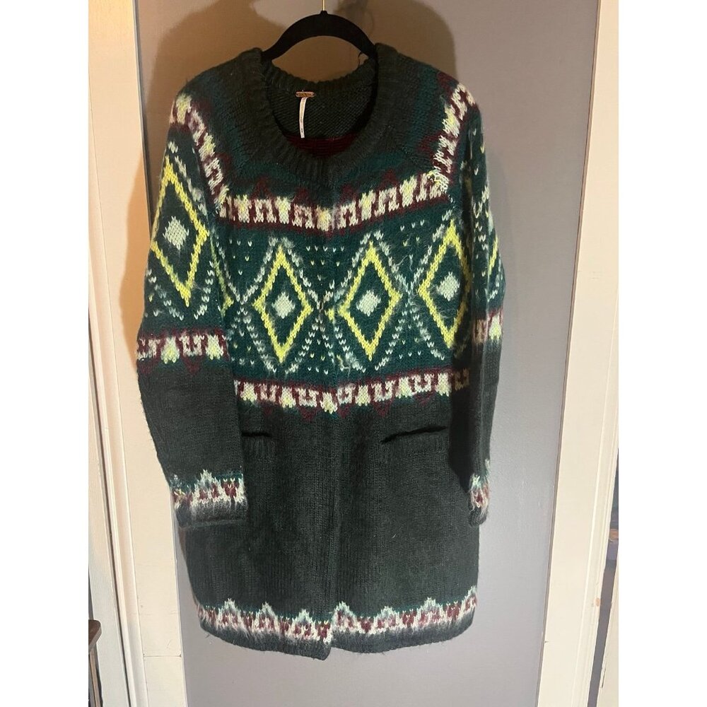 Free People Cardigan Women Medium Frosted Fair Isle Mohair Wool Longline jacket